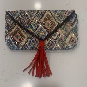 Anthropologie Multicolor Sequin Clutch with Red Tassel